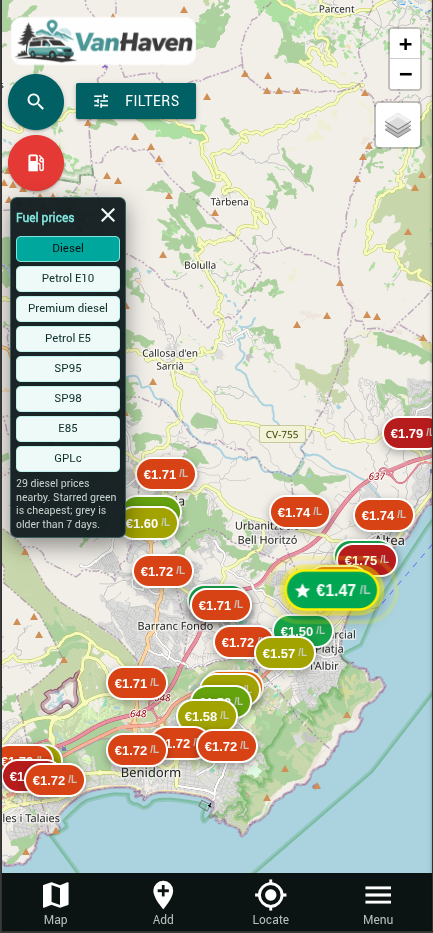 VanHaven fuel price finder map showing Spanish diesel prices around Benidorm
